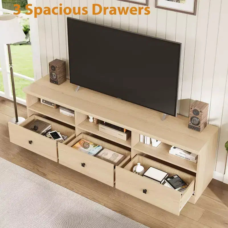 Meuble TV Mid-Century blanc antique / gris / couleur bois avec 3 tiroirs et étagères ouvertes, convient aux téléviseurs jusqu'à 75 pouces