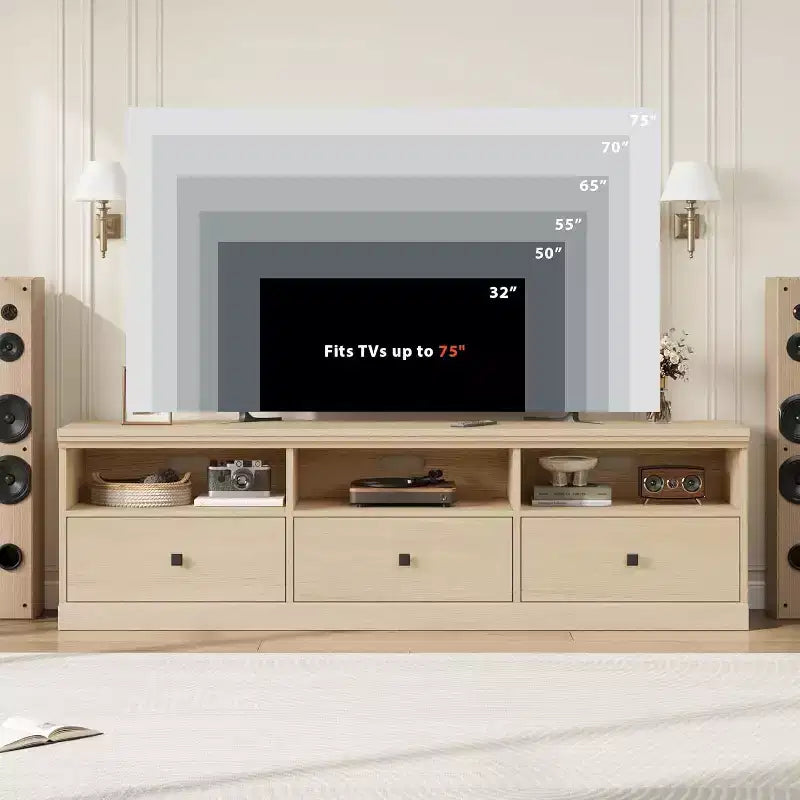 Meuble TV Mid-Century blanc antique / gris / couleur bois avec 3 tiroirs et étagères ouvertes, convient aux téléviseurs jusqu'à 75 pouces