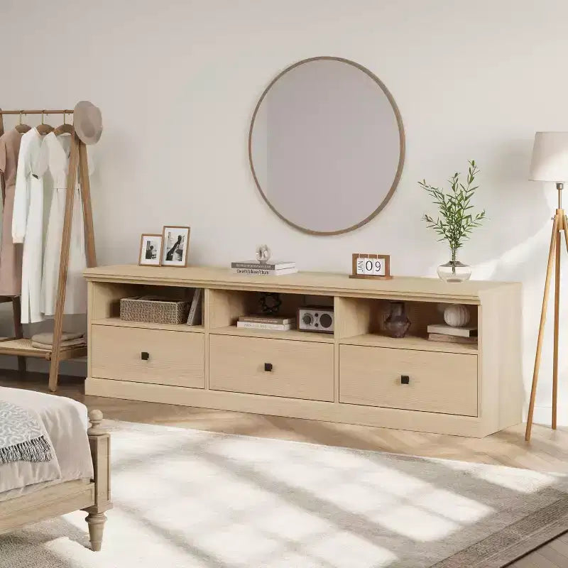 Meuble TV Mid-Century blanc antique / gris / couleur bois avec 3 tiroirs et étagères ouvertes, convient aux téléviseurs jusqu'à 75 pouces