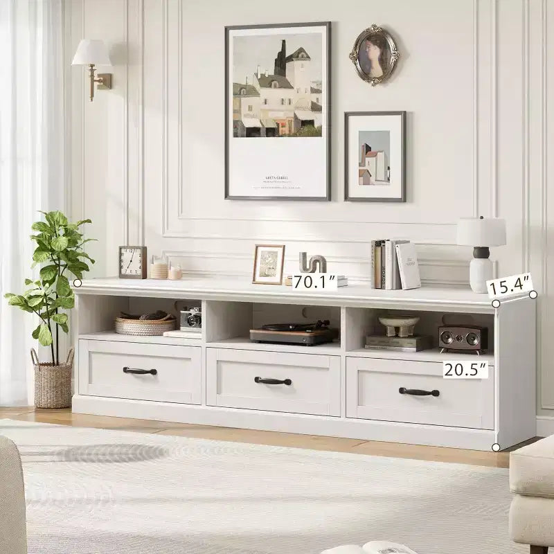 Meuble TV Mid-Century blanc antique / gris / couleur bois avec 3 tiroirs et étagères ouvertes, convient aux téléviseurs jusqu'à 75 pouces