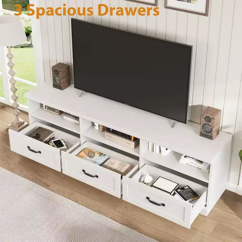 Meuble TV Mid-Century blanc antique / gris / couleur bois avec 3 tiroirs et étagères ouvertes, convient aux téléviseurs jusqu'à 75 pouces