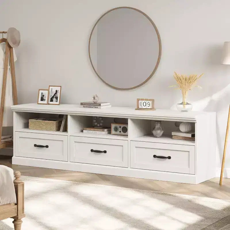Meuble TV Mid-Century blanc antique / gris / couleur bois avec 3 tiroirs et étagères ouvertes, convient aux téléviseurs jusqu'à 75 pouces