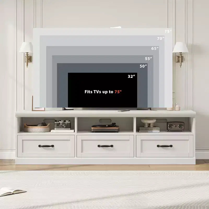 Meuble TV Mid-Century blanc antique / gris / couleur bois avec 3 tiroirs et étagères ouvertes, convient aux téléviseurs jusqu'à 75 pouces