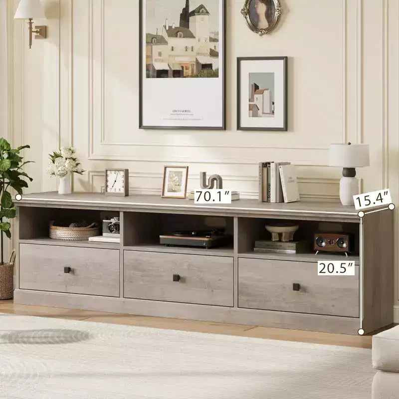 Meuble TV Mid-Century blanc antique / gris / couleur bois avec 3 tiroirs et étagères ouvertes, convient aux téléviseurs jusqu'à 75 pouces