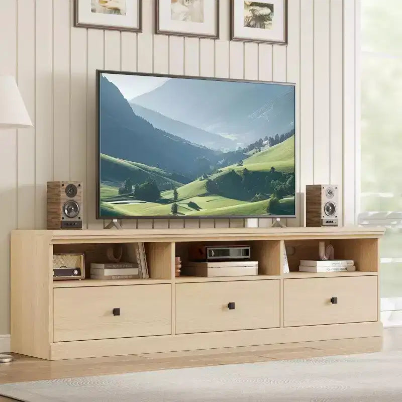 Meuble TV Mid-Century blanc antique / gris / couleur bois avec 3 tiroirs et étagères ouvertes, convient aux téléviseurs jusqu'à 75 pouces