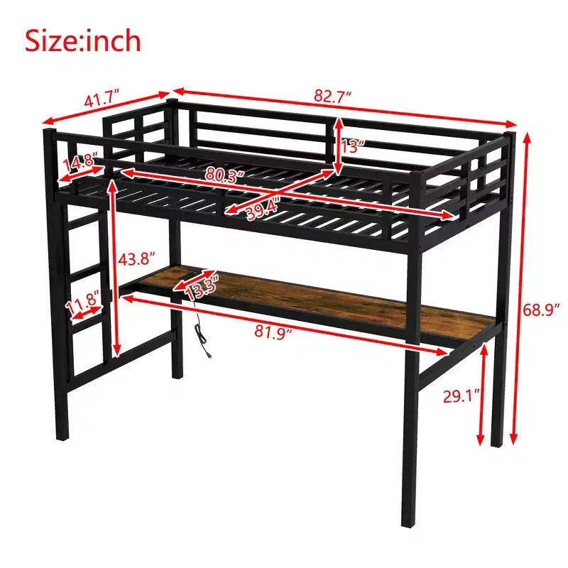 Lit mezzanine Black Metal Twin XL avec bureau et lumières LED RVB, 1 personne