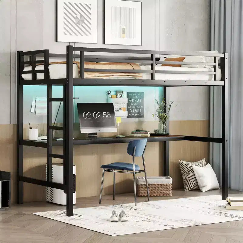 Lit mezzanine Black Metal Twin XL avec bureau et lumières LED RVB, 1 personne