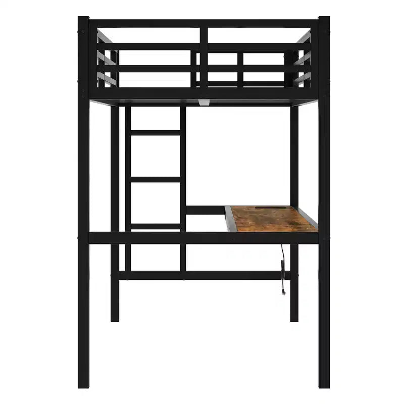 Lit mezzanine Black Metal Twin XL avec bureau et lumières LED RVB, 1 personne