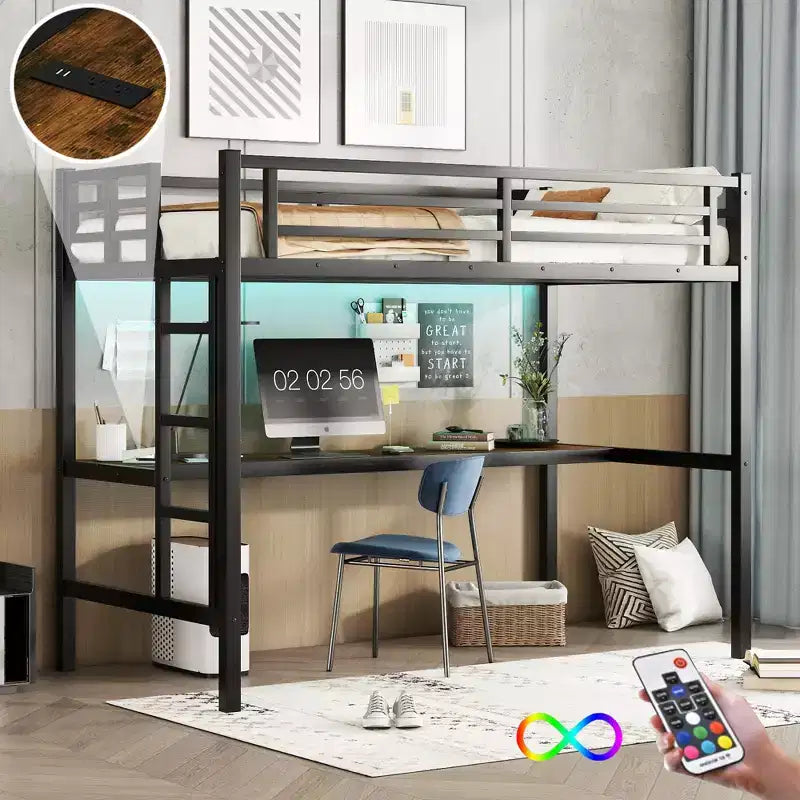 Lit mezzanine Black Metal Twin XL avec bureau et lumières LED RVB, 1 personne