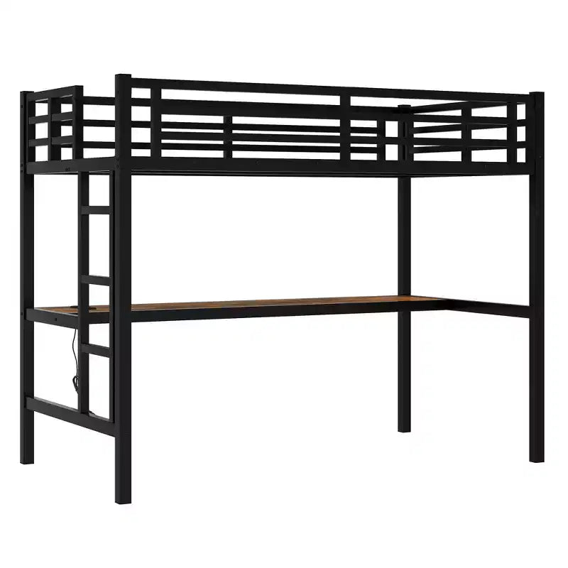 Lit mezzanine Black Metal Twin XL avec bureau et lumières LED RVB, 1 personne