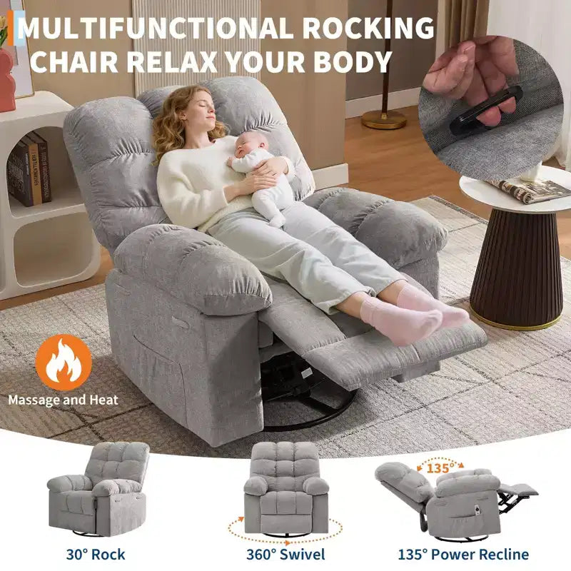 Fauteuil inclinable, pivotant et berçant en lin marron/gris/vert/rose avec massage et chaleur, une place