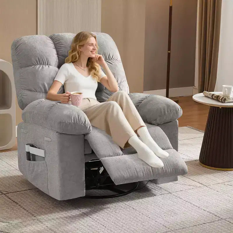 Fauteuil inclinable, pivotant et berçant en lin marron/gris/vert/rose avec massage et chaleur, une place