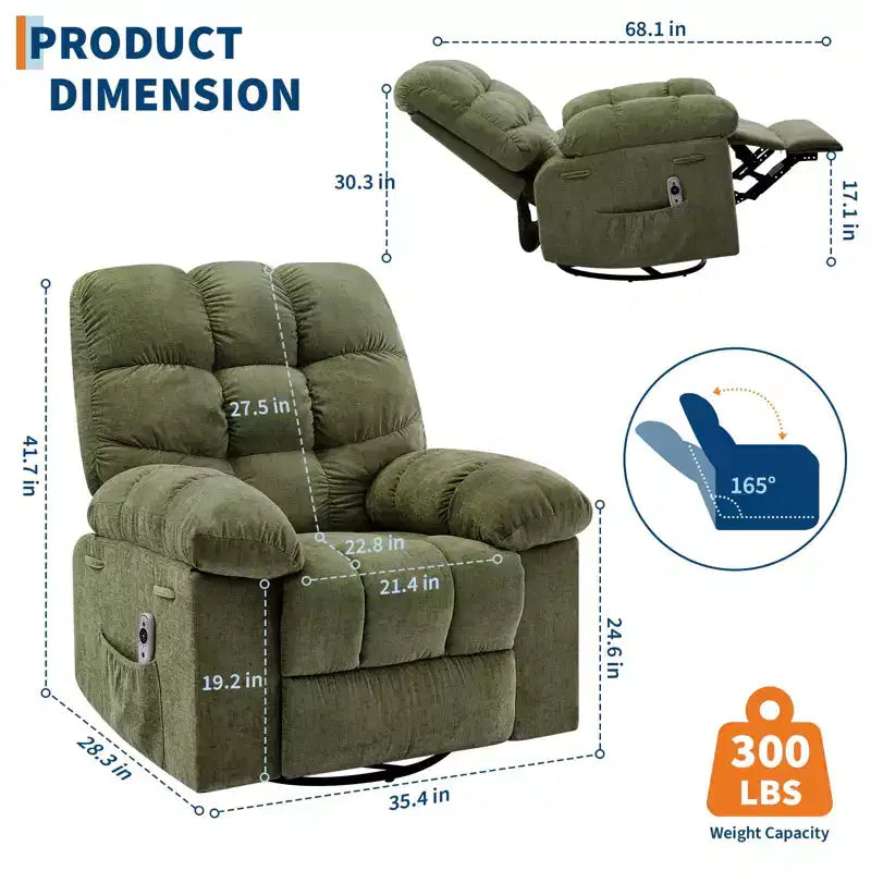 Fauteuil inclinable, pivotant et berçant en lin marron/gris/vert/rose avec massage et chaleur, une place