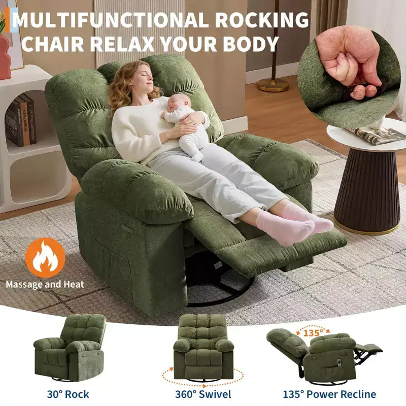 Fauteuil inclinable, pivotant et berçant en lin marron/gris/vert/rose avec massage et chaleur, une place