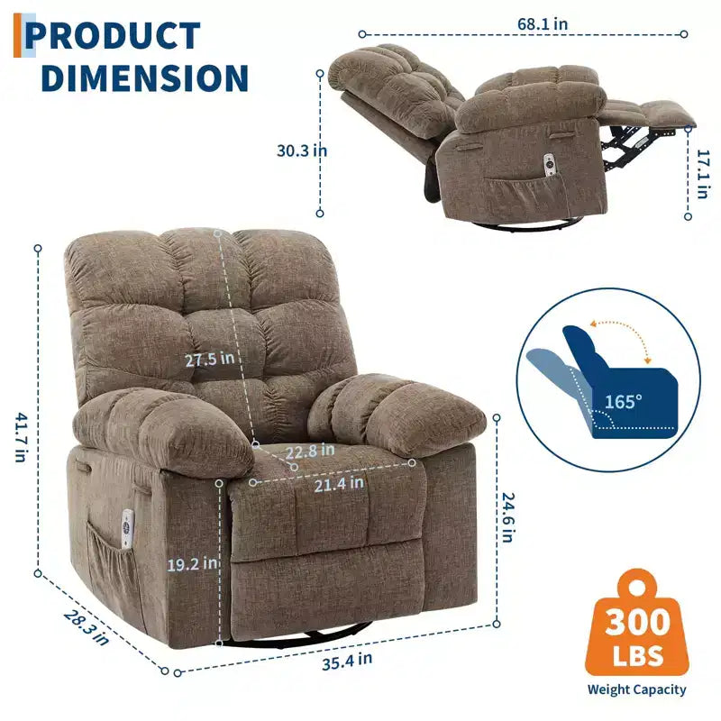 Fauteuil inclinable, pivotant et berçant en lin marron/gris/vert/rose avec massage et chaleur, une place