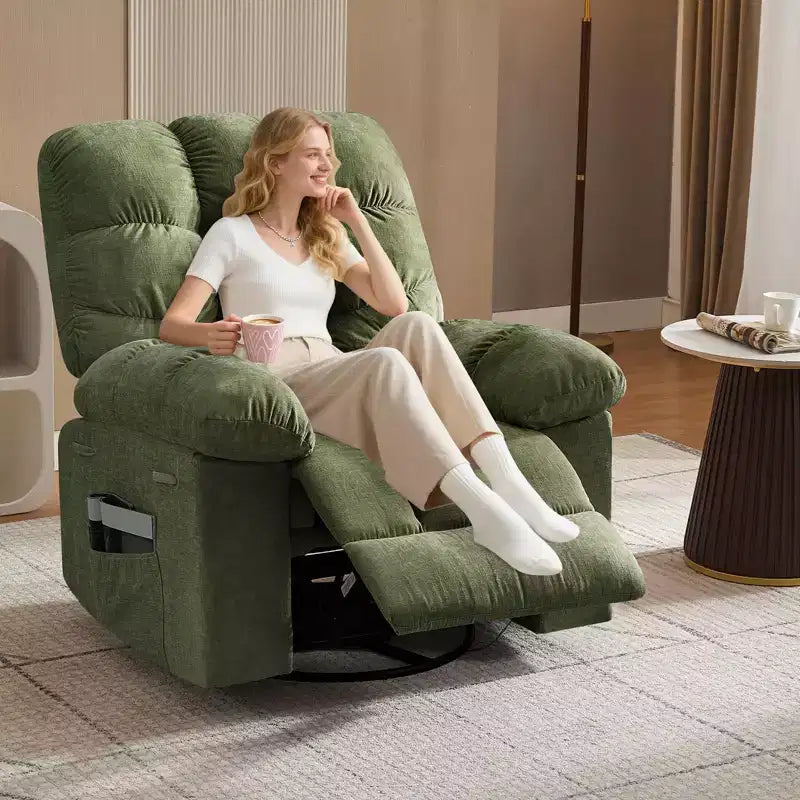 Fauteuil inclinable, pivotant et berçant en lin marron/gris/vert/rose avec massage et chaleur, une place
