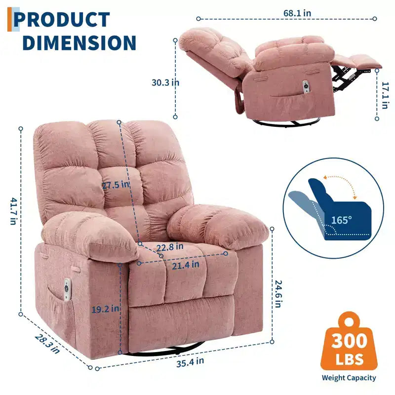 Fauteuil inclinable, pivotant et berçant en lin marron/gris/vert/rose avec massage et chaleur, une place