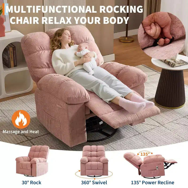 Fauteuil inclinable, pivotant et berçant en lin marron/gris/vert/rose avec massage et chaleur, une place