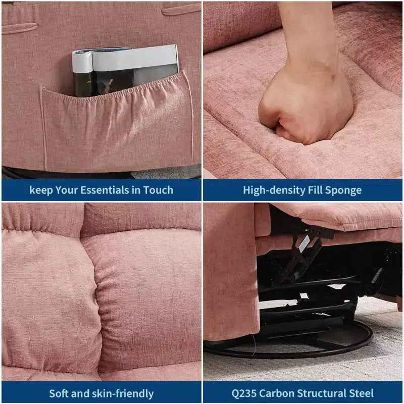 Fauteuil inclinable, pivotant et berçant en lin marron/gris/vert/rose avec massage et chaleur, une place