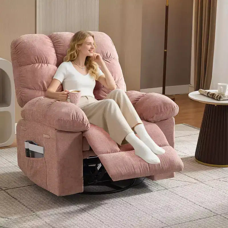 Fauteuil inclinable, pivotant et berçant en lin marron/gris/vert/rose avec massage et chaleur, une place
