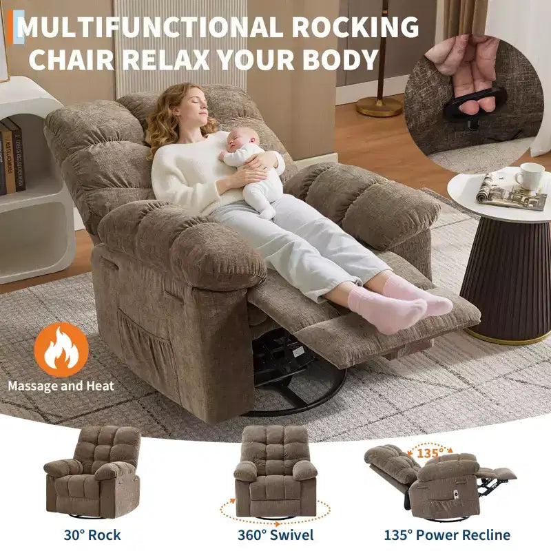 Fauteuil inclinable, pivotant et berçant en lin marron/gris/vert/rose avec massage et chaleur, une place