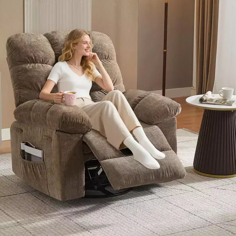 Fauteuil inclinable, pivotant et berçant en lin marron/gris/vert/rose avec massage et chaleur, une place