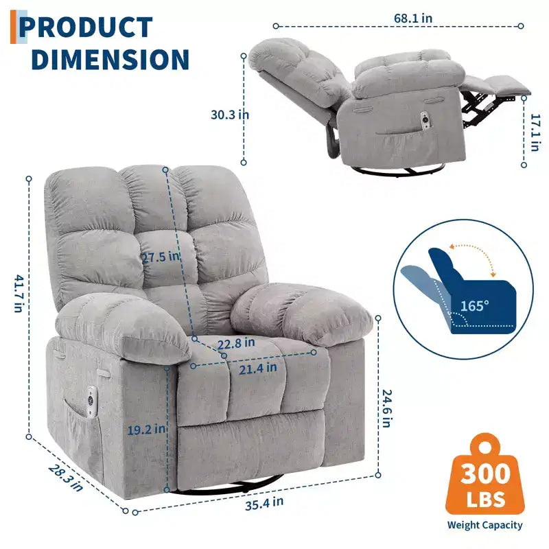 Fauteuil inclinable, pivotant et berçant en lin marron/gris/vert/rose avec massage et chaleur, une place