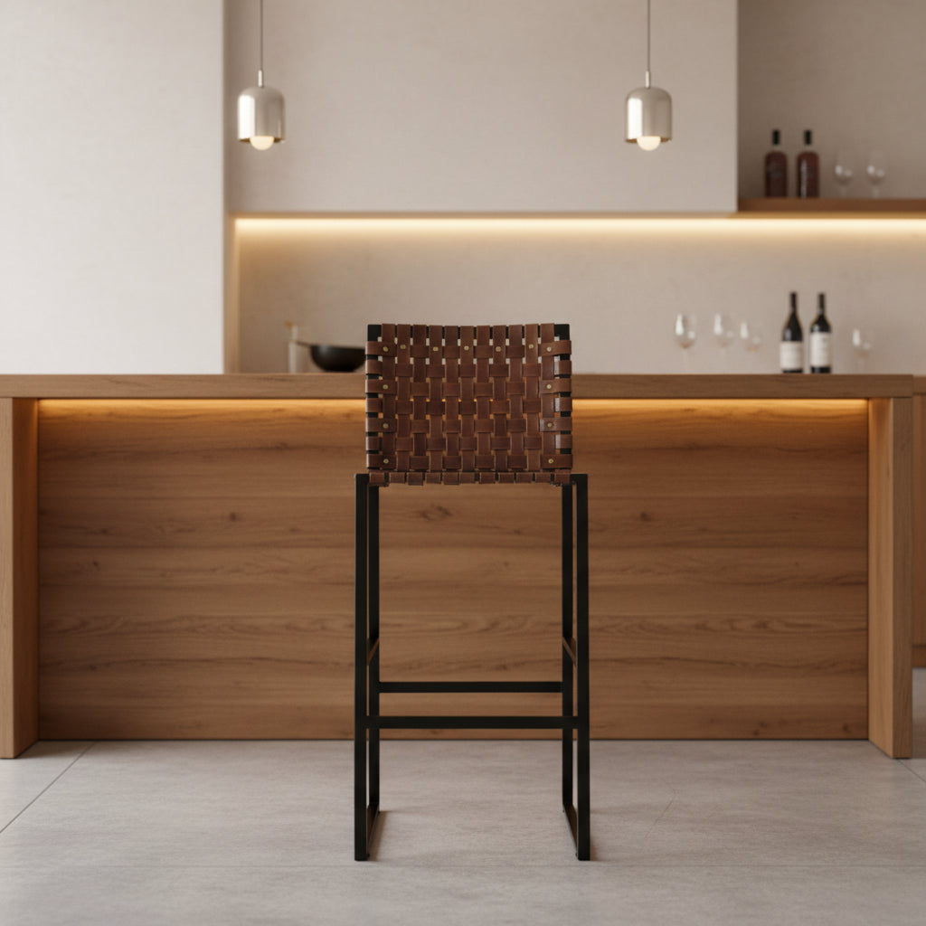 HomeRoots 28 Brown and Black Leather and Iron Bar Chair