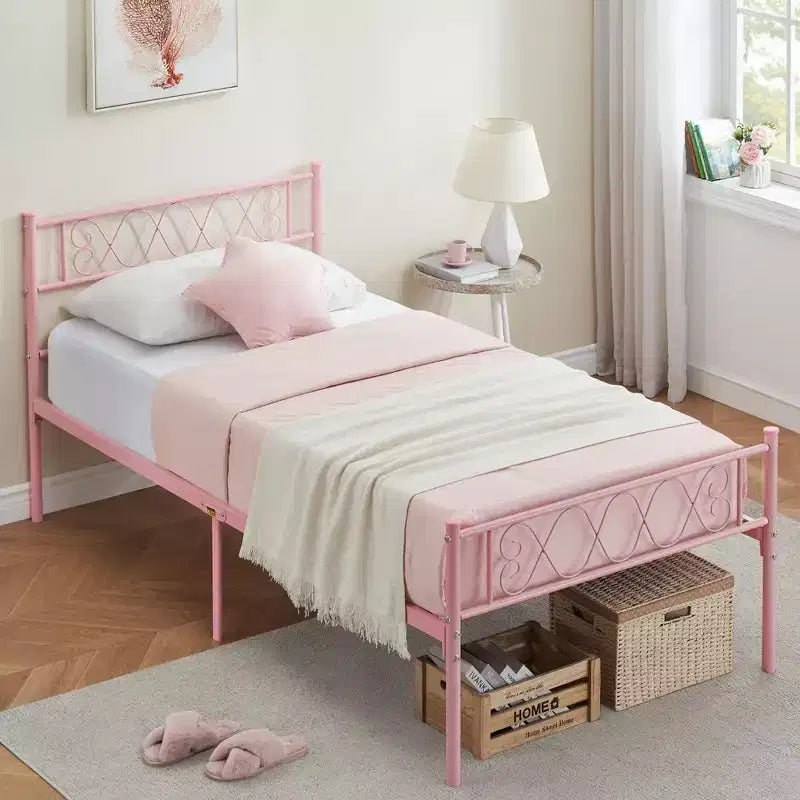 Cadre de lit plateforme double en métal avec tête et pied de lit – Noir/Rose/Violet/Blanc, pour 1 personne