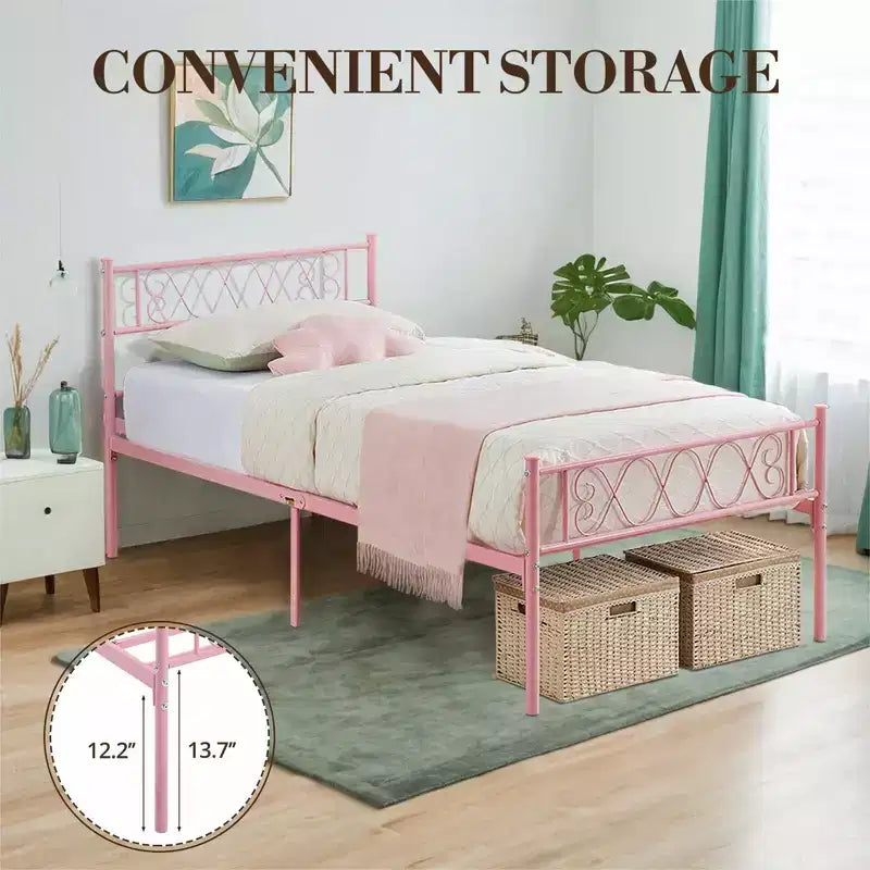 Cadre de lit plateforme double en métal avec tête et pied de lit – Noir/Rose/Violet/Blanc, pour 1 personne