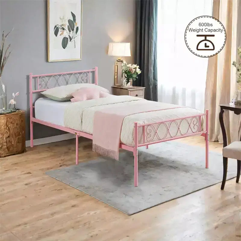 Cadre de lit plateforme double en métal avec tête et pied de lit – Noir/Rose/Violet/Blanc, pour 1 personne