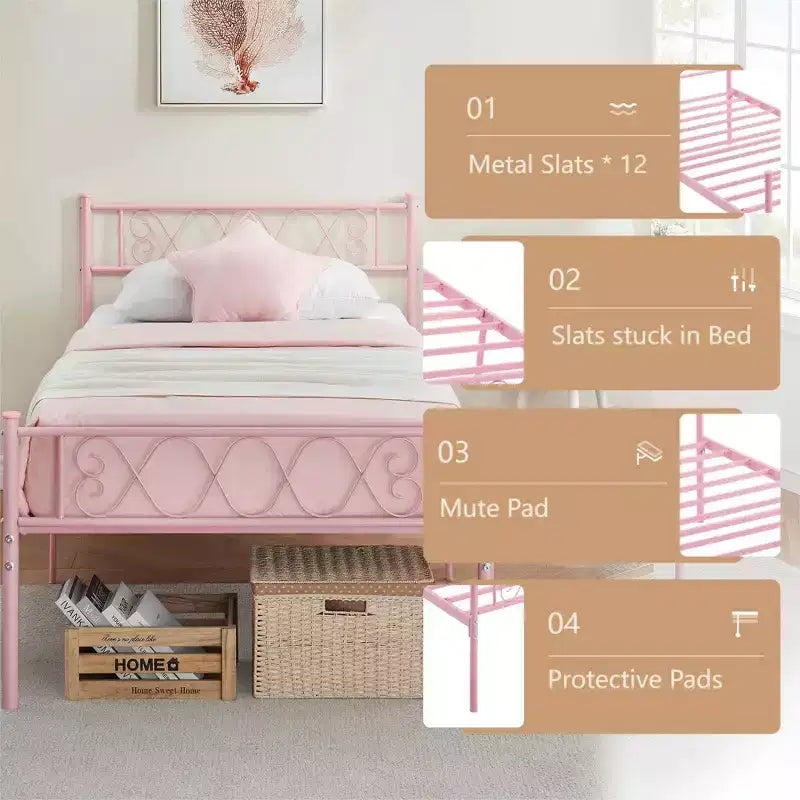 Cadre de lit plateforme double en métal avec tête et pied de lit – Noir/Rose/Violet/Blanc, pour 1 personne