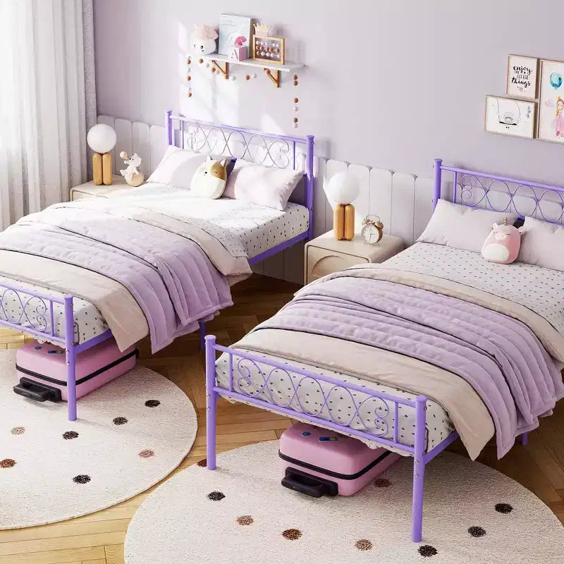 Cadre de lit plateforme double en métal avec tête et pied de lit – Noir/Rose/Violet/Blanc, pour 1 personne