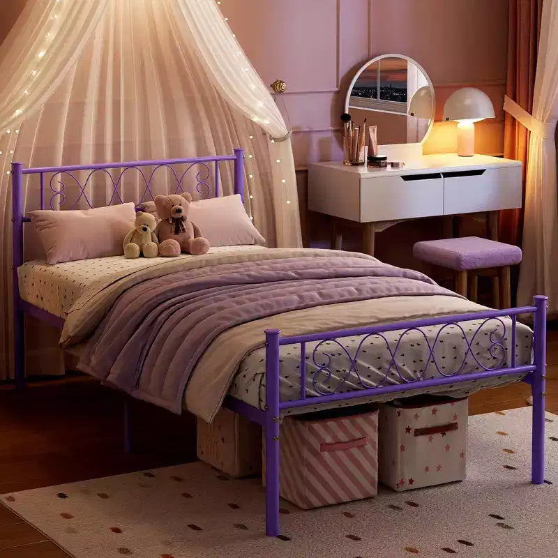 Cadre de lit plateforme double en métal avec tête et pied de lit – Noir/Rose/Violet/Blanc, pour 1 personne