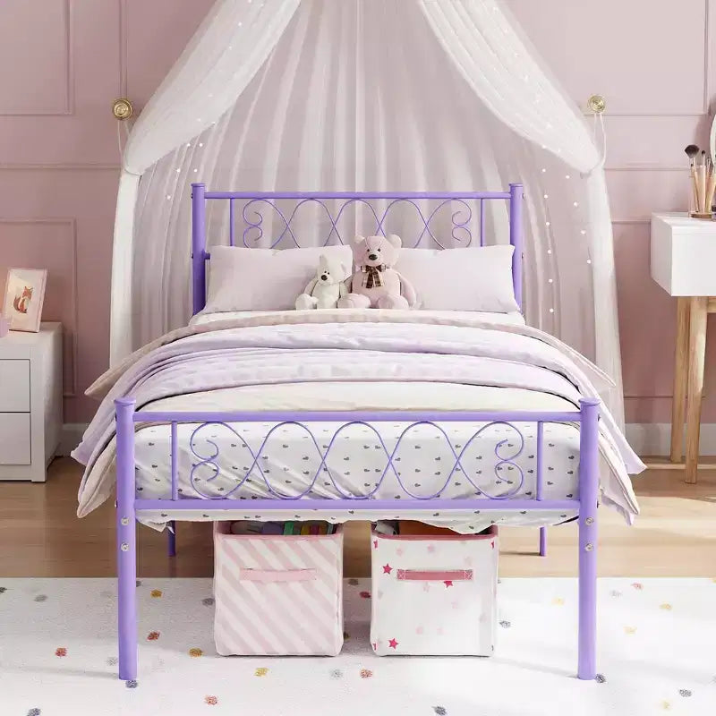 Cadre de lit plateforme double en métal avec tête et pied de lit – Noir/Rose/Violet/Blanc, pour 1 personne