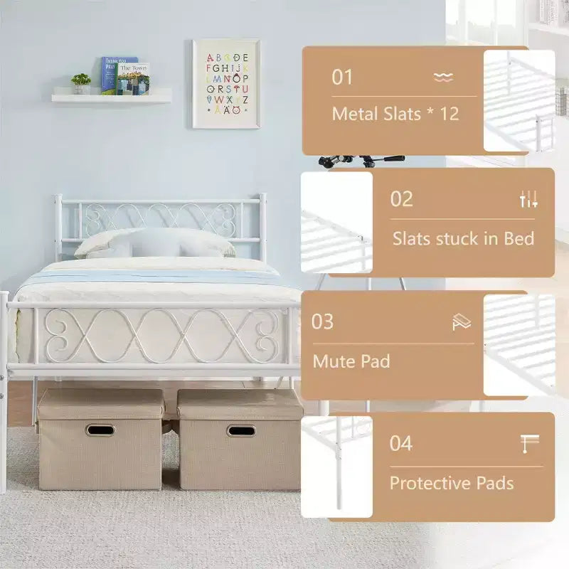 Cadre de lit plateforme double en métal avec tête et pied de lit – Noir/Rose/Violet/Blanc, pour 1 personne