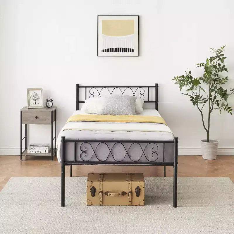 Cadre de lit plateforme double en métal avec tête et pied de lit – Noir/Rose/Violet/Blanc, pour 1 personne