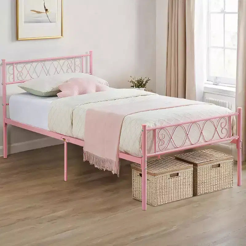 Cadre de lit plateforme double en métal avec tête et pied de lit – Noir/Rose/Violet/Blanc, pour 1 personne