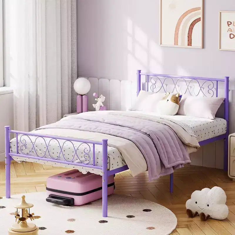 Cadre de lit plateforme double en métal avec tête et pied de lit – Noir/Rose/Violet/Blanc, pour 1 personne