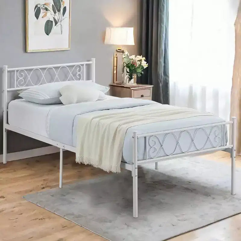 Cadre de lit plateforme double en métal avec tête et pied de lit – Noir/Rose/Violet/Blanc, pour 1 personne