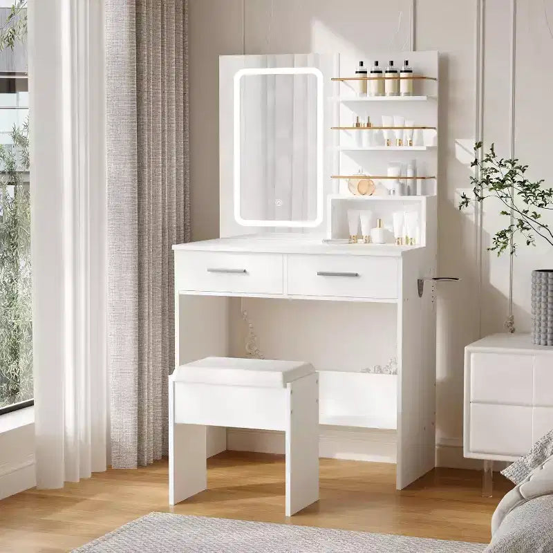 Coiffeuse noire/blanche avec miroir éclairé, 2 tiroirs et étagères ouvertes – 1 personne