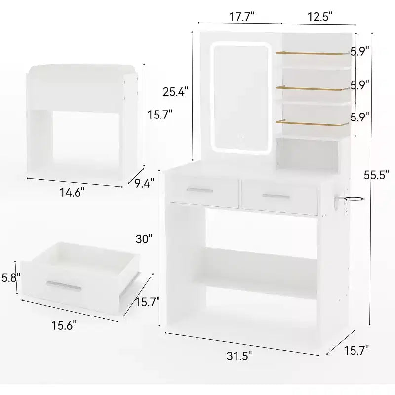 Coiffeuse noire/blanche avec miroir éclairé, 2 tiroirs et étagères ouvertes – 1 personne