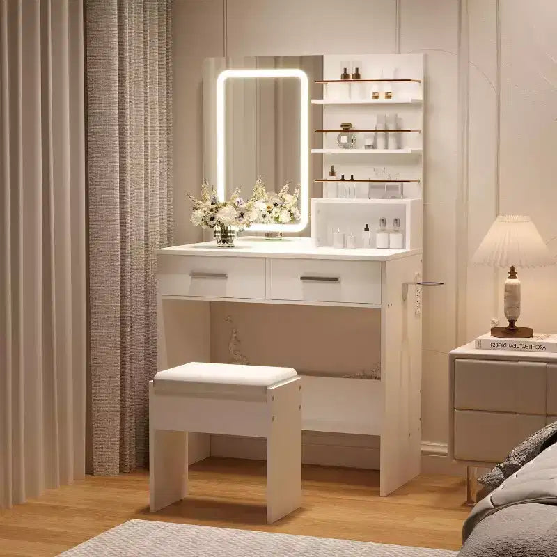Coiffeuse noire/blanche avec miroir éclairé, 2 tiroirs et étagères ouvertes – 1 personne