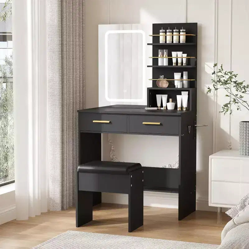 Coiffeuse noire/blanche avec miroir éclairé, 2 tiroirs et étagères ouvertes – 1 personne