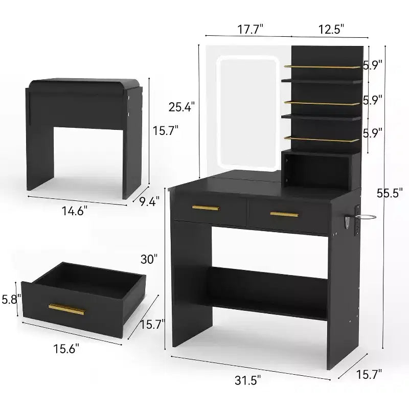 Coiffeuse noire/blanche avec miroir éclairé, 2 tiroirs et étagères ouvertes – 1 personne