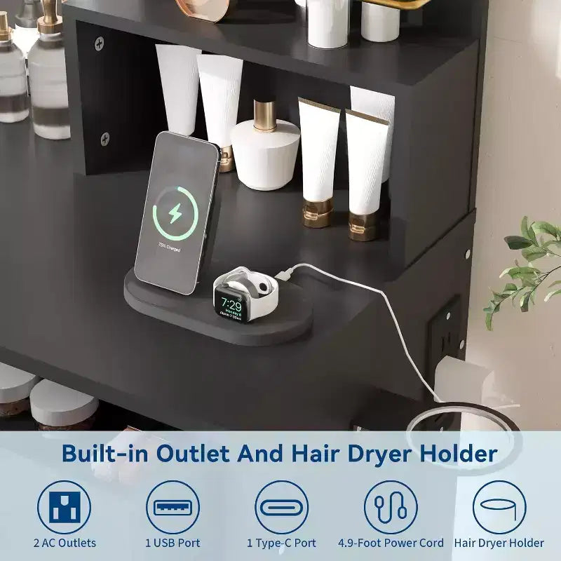 Coiffeuse noire/blanche avec miroir éclairé, 2 tiroirs et étagères ouvertes – 1 personne