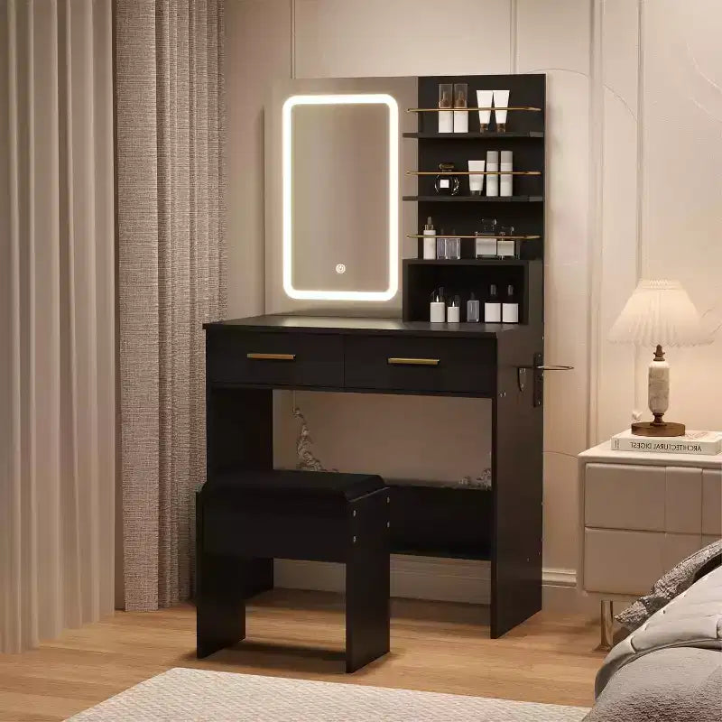 Coiffeuse noire/blanche avec miroir éclairé, 2 tiroirs et étagères ouvertes – 1 personne
