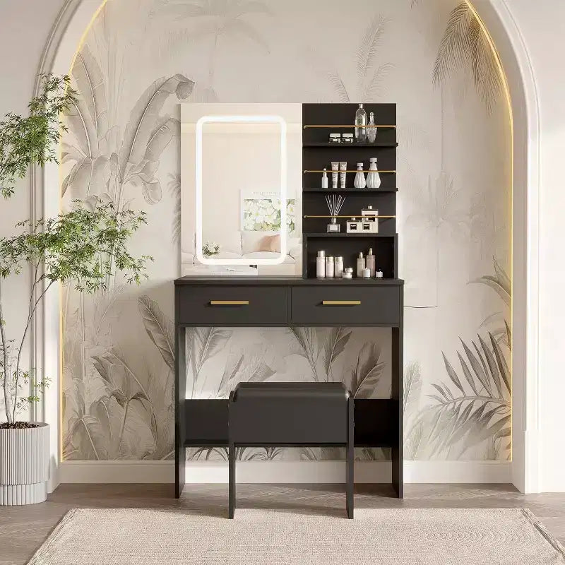 Vanity Desk Set with Mirror and Lights, 2 Drawers & Open Storage Shelves, 3 Lighting Modes Adjustable Brightness, for Bedroom