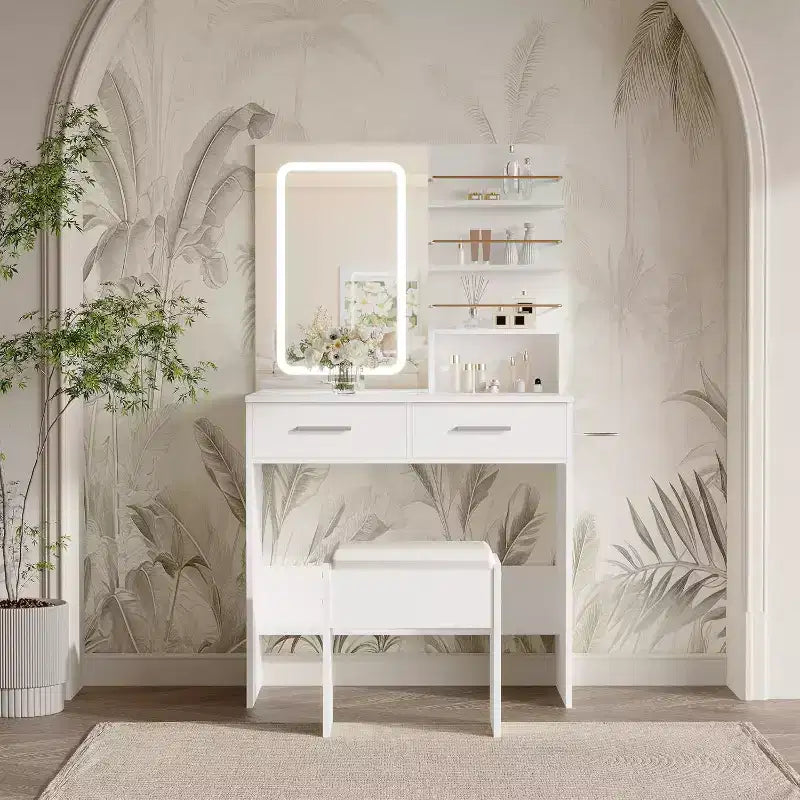 Coiffeuse noire/blanche avec miroir éclairé, 2 tiroirs et étagères ouvertes – 1 personne