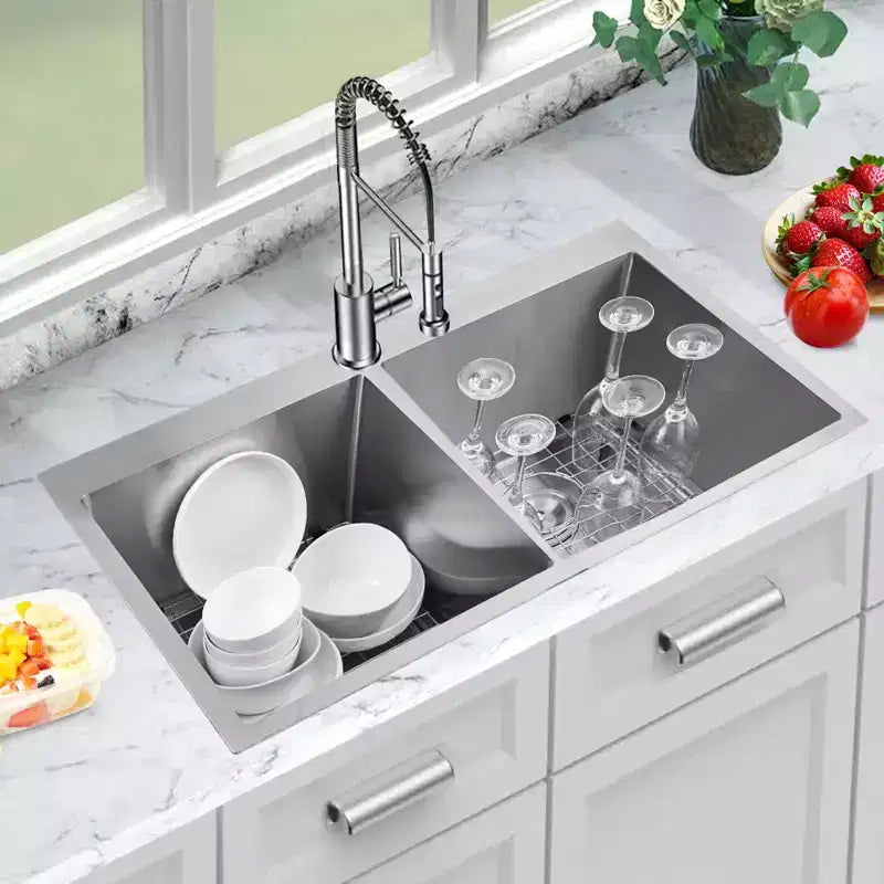 Évier de cuisine à deux bacs 50/50 en acier inoxydable, 33x22 pouces, à encastrer/sous plan, 1 à 2 utilisateurs